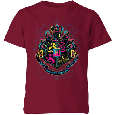 Harry Potter Hogwarts Neon Crest Kids' T-Shirt - Burgundy - 98/104 (3-4 jaar)