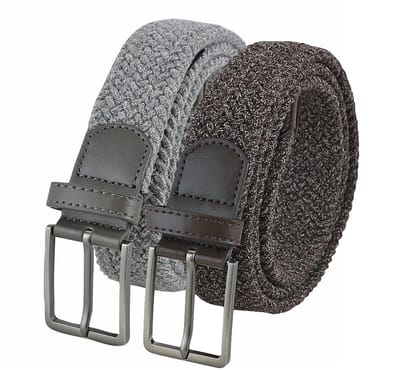 Landley Voordeelset Gemêleerde Elastische Riemen Grijs & Bruin – Luxe Gevlochten Stretch Riemen - Dames & Heren - Duopack - Lengte totaal 100 cm / Riemmaat 85