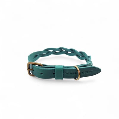 Cooper & Quint Twisted - Halsband hond gevlochten leer - Groen - Oud Messing - XS