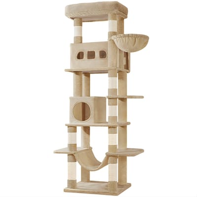 Kattenboom – Voor Binnenkatten – 170 cm Hoge Kattenboom, Multi-Level Kattenhuis met Condo, 8 Krabpalen, Hangmat en 4 Speelballetjes – Camel Bruin