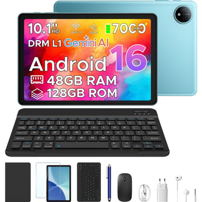 POCKAM P10 TAB - Gemini AI Tablet - 48 GB RAM (8+40 GB) + 128 GB ROM - 10,1 inch HD- Android 16 - 7000mAh - Quad-Core T310 - Dubbele luidsprekers - Volledige accessoirebundel met toetsenbord en stylus