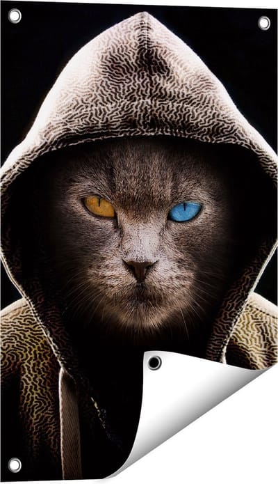 Gards Tuinposter Boze Kat Draagt een Hoodie - 40x60 cm - Tuindoek - Tuindecoratie - Wanddecoratie buiten - Tuinschilderij