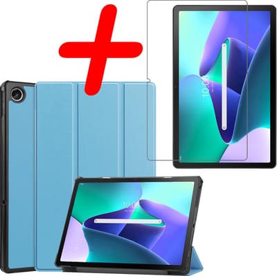 Hoesje Geschikt voor Lenovo Tab M10 Plus (3e / 3rd Generatie) - Met Screenprotector - Trifold Bookcase - Hard Cover - Hardcover Book Case - Tablet Hoes - Lichtblauw