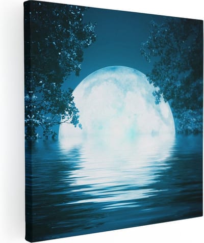 Artaza Canvas Schilderij Volle Maan - 30x30 cm - Klein - Muurdecoratie Meer - Wanddecoratie Bos - Schilderijen Op Canvas