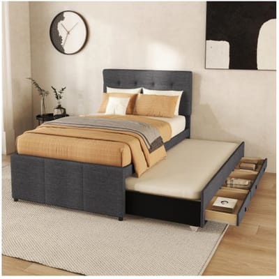 Uitschuifbaar bed - MUVOE - 90x200cm - Verstelbaar hoofdbord - 3 opberglades - Grijs grijs