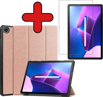Hoesje - Geschikt voor Lenovo Tab M10 Plus (3e / 3rd Generatie) - Met Screenprotector - Hardcover Book Case - Trifold Bookcase Hoes - Hard Cover - Tablethoes - Rosé goud