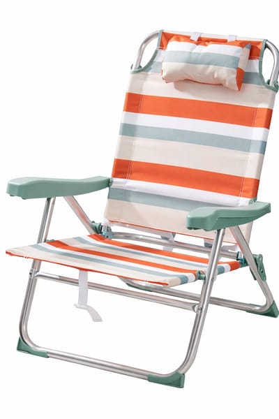 HEM Opvouwbare Campingstoel Voor Volwassenen – Lichtgewicht Aluminium Strandstoel – Verstelbaar met Hoofdkussen – Lage Strandstoel Volwassenen – 110 kg – Oranje Gestreept – Inclusief HEM Microvezeldoekje
