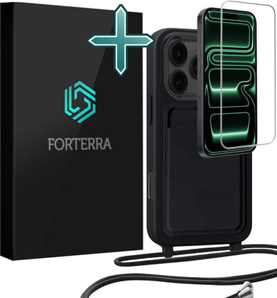 Hoesje Geschikt voor iPhone 17 Pro Max Pashouder Case Siliconen Hoes Met Koord Met Screenprotector - Hoes Geschikt voor iPhone 17 Pro Max Met Telefoonkoord Hoesje Back Cover Met Pasjeshouder - Zwart
