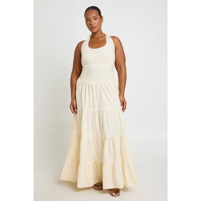 boohoo Dames Plus Halterneck Poplin Maxi Jurk | Citroen | Maat: 44