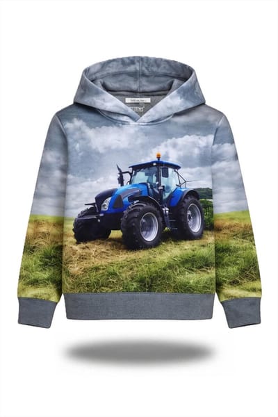 Kinder Sweater Hoodie trui met tractor full color print | Kleur grijs | maat 146/152 | New Holland | capuchon | trekker | Supermooi!