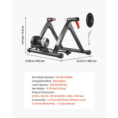 Opvouwbare magnetische fietsstandaard, instelbare weerstandsniveaus, compatibel met 26-29 inch en 700C wielen, indoor fietsuitrusting met snelspanner en voorwielverhogingsblok voor racefietsen