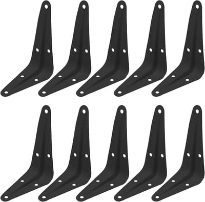 10-delige, robuuste zwarte metalen hoekbeugels voor planken (10*7 cm) met schroeven, geschikt voor wandmontage en ondersteuning.