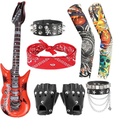 Dailygoods- Verkleedset 8-delig - Punkrock Kostuumaccessoires - Opblaasbare Gitaar - Lederen Handschoenen - Tattoo Armmouwen - Gothic Stijl - Kostuum