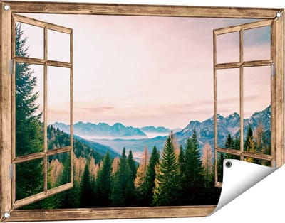 Gards Tuinposter Doorkijk Bos met Bomen bij Bergen Landschap - 90x60 cm - Tuindoek - Tuindecoratie - Wanddecoratie buiten - Tuinschilderij