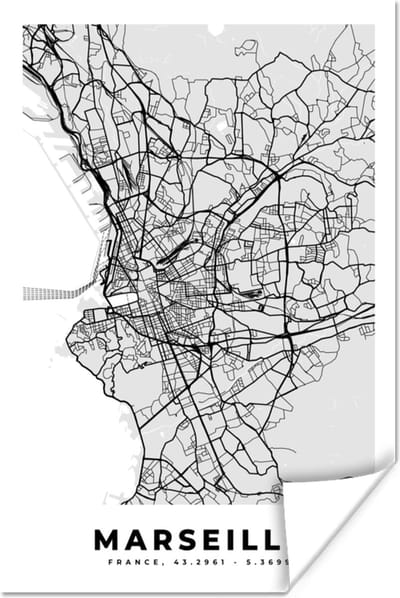 Poster Marseille - Plattegrond - Frankrijk - Kaart - Stadskaart - 120x180 cm XXL