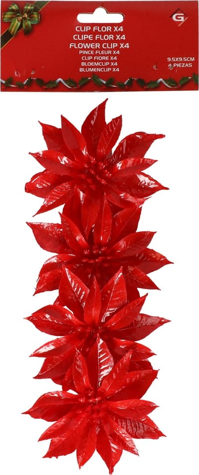 Decoratie bloemen - op clip - 4x - rood - 9,5 cm - kunststof - kerstbloemen - Kerstboom ornamenten