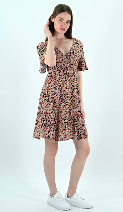 YesMooi - Mini Jurk met Bloemenprint - V-hals en Open Rug - XXL (44) - Roze | Oranje | Beige