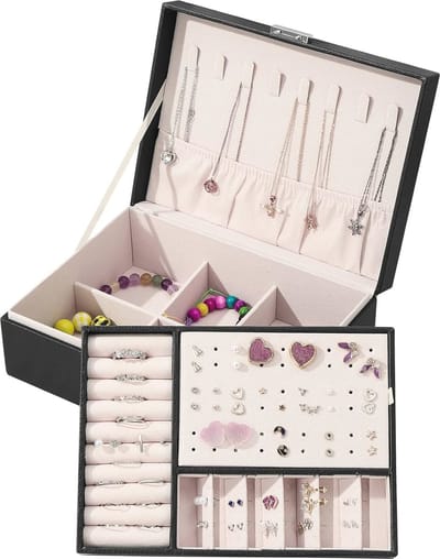 Sieradendoos Organizer voor Dames en Meisjes - 2-Laags PU-Leder, Afsluitbaar en Afneembaar Compartiment voor Sieraden