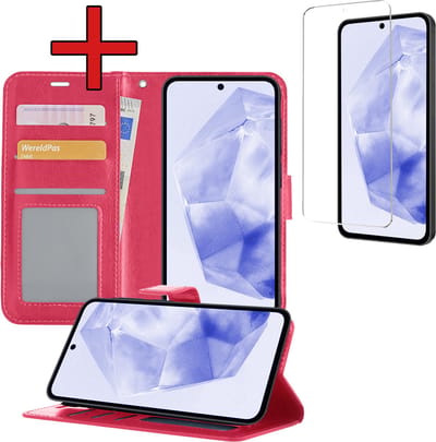 Hoesje - Met Screenprotector - Geschikt voor Samsung Galaxy A35 - Luxe Pasjeshouder - Flipcase - Bookcase Portemonee - Flip Case - Kunstleer Book Case - Book Cover - Walletcase - Portemonneehoes - Telefoonhoes - Donkerroze