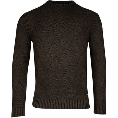 Baileys Trui Crew Neck Plated Large V-Shape Structure Knit Donker Groen / male