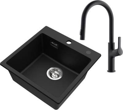 CECIPA Max Spoelbak Met Kraangat - Granieten gootsteen Antraciet Met U-Uitloop Keukenkraan - 45x45cm Graniet Spoelbak Onderbouw Spoelbak - 80% kwartszand en 20% hars