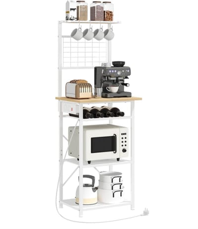 Keukenrek met Stopcontact en Opbergruimte - Industriële Magnetronkast met 4 Legplanken, Haken en Flessenrek - Ruimtebesparend Keukenmeubel voor Koffiehoek, Magnetron en Keukenopslag