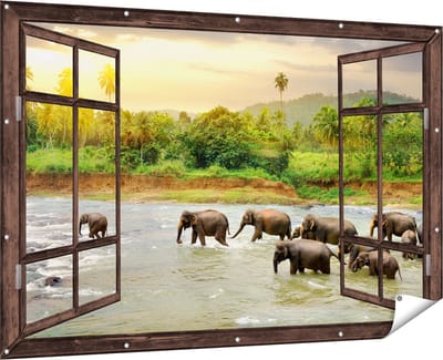 Gards Tuinposter Doorkijk Kudde Olifanten in het Water - 180x120 cm - Tuindoek - Tuindecoratie - Wanddecoratie buiten - Tuinschilderij