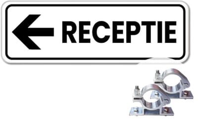 Bord receptie pijl links - Weerbestendig Aluminium - 40x15 cm - Bevestiging: Met paalbeugels Ø48mm