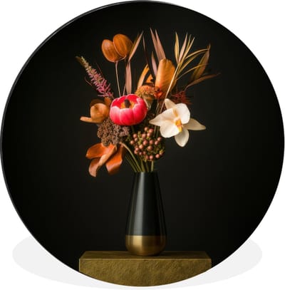 WallCircle - Wandcirkel - Muurcirkel - Boeket - Oranje - Gouden - vaas - Aluminium - Dibond - 30x30 cm - Binnen en Buiten