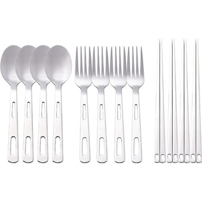 Ensemble d'ustensiles de camping Fourchette Cuillère Baguettes Acier Inoxydable Set d'ustensiles de cuisine portables avec sac de rangement pour l'extérieur white