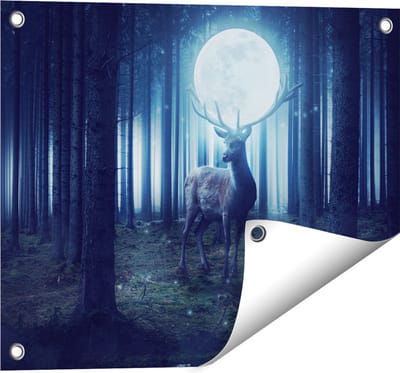 Gards Tuinposter Hert in het Bos tijdens Volle Maan - 50x40 cm - Tuindoek - Tuindecoratie - Wanddecoratie buiten - Tuinschilderij