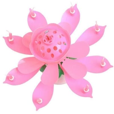 BT07981-Bougies d'Anniversaire Fleur Lotus Rotation Musique Décoration Gâteau Fête Avec 8 petites bougies ROSE