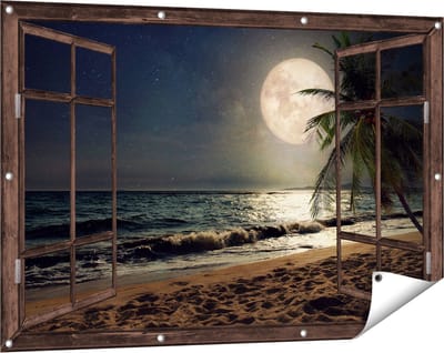 Gards Tuinposter Doorkijk Tropisch Strand in de Nacht met Volle Maan - 120x80 cm - Tuindoek - Tuindecoratie - Wanddecoratie buiten - Tuinschilderij