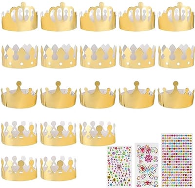 Set van 20 Gouden Papieren Kronen voor Verjaardagsfeestjes met Decoratieve Steentjes en Zelfklevende Stickers voor Kinderen en Volwassenen