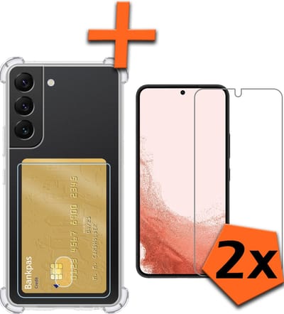 Hoes - Geschikt voor Samsung Galaxy S22 - Met 2x Screenprotector - Pashouder - Kaarthouder - Telefoon Hoesje Shockproof - Siliconen Case - Back Cover - Shock Proof - Pasjes Houder - Transparant