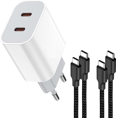 35W Dubbele USB C Oplaadstekker + 2x Nylon USB-C Kabel - USB C naar USB C - 35 Watt - GaN Snel Lader - Super Fast Charge