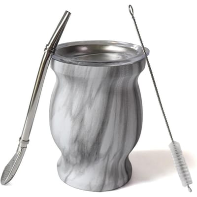 230ML Yerba Mate Bekerset Roestvrij Staal Inclusief Dubbele Reinigingsborstel Rietje Anti-verbranding Geïsoleerde Beker Thuis Theeservies marmer