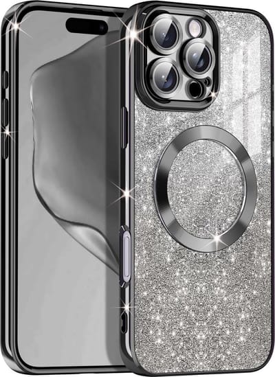 Hoesje Geschikt Voor iPhone 16 Pro Magsafe hoesje Zwart - Lens beschermer glitter backcover