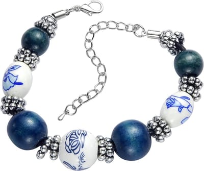 Behave - Armband - delftsblauw keramiek hout - retro chic - 17-21 cm