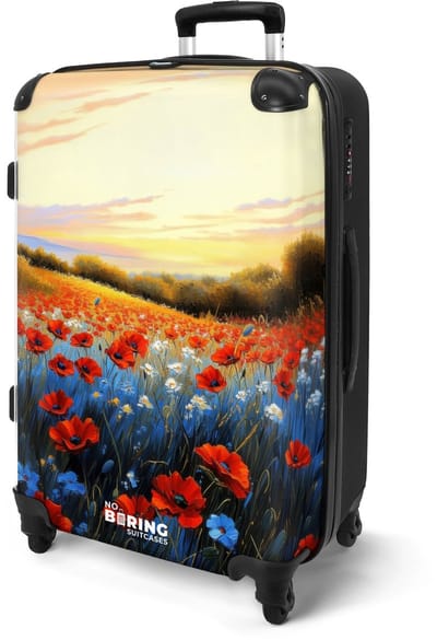 NoBoringSuitcases.com® - Koffer groot - Rolkoffer lichtgewicht - Landschap met rode en blauwe bloemen - Vakantie reiskoffer met 4 wielen - Grote trolley XL - Travel suitcase large - 20 kg bagage - Ruimbagage medium met TSA slot