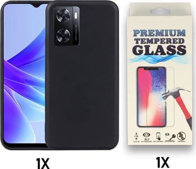 Casemania Hoesje Geschikt voor Oppo A57 4G & A57S 4G Zwart & Glazen Screenprotector - Siliconen Back Cover