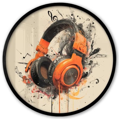 Poster in lijst Rond - Fotolijst 40x40 cm - Posters - Koptelefoon - Oranje - Explosief - Ronde posterlijst zwart - Decoratie - Wanddecoratie woonkamer - Muurdecoratie slaapkamer