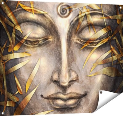 Gards Tuinposter Boeddha Beeld met Gouden Bladeren - 100x80 cm - Tuindoek - Tuindecoratie - Wanddecoratie buiten - Tuinschilderij