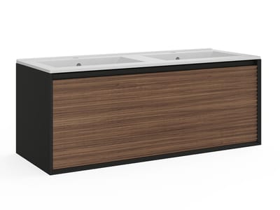 Vente-unique Geribbeld hangmeubel voor badkamer met inbouwwastafel - Donker naturel en zwart - 120 cm - BANIVA