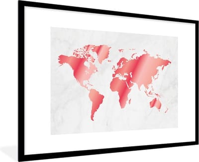 Poster in lijst - Fotolijst 120x80 cm - Posters - Wereldkaart - Roze - Marmer - Posterlijst zwart - Decoratie - Wanddecoratie woonkamer - Muurdecoratie slaapkamer