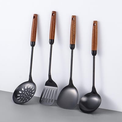 Dailygoods- Keukenhulpmiddelen 4-delige Set - Roestvrij Staal - Wok Spatel - Lepel - Sleuflepel - Houten Handvat - Vaatwasserbestendig - Keuken Gereedschap