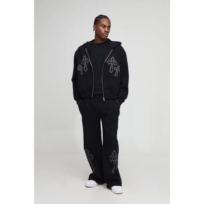 Overmaatse Boxy Trainingspak met doorlopende ritssluiting en kruisgeborduurde wijde pijpen | Black | Size XS