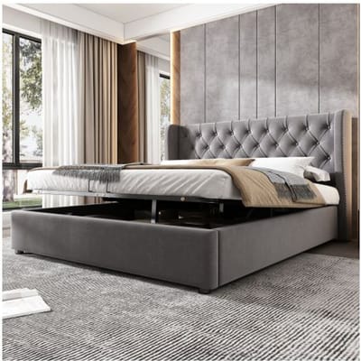 Gestoffeerd bed - MUVOE - Twin 140x200 - Fluweelstof - Chesterfield design - Geïntegreerde opbergruimte grijs