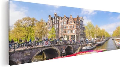 Artaza Canvas Schilderij Tulpen - 60x20 cm - Wanddecoratie Amsterdamse Grachten - Muurdecoratie Bloemen - Kamer Accessoires Stad