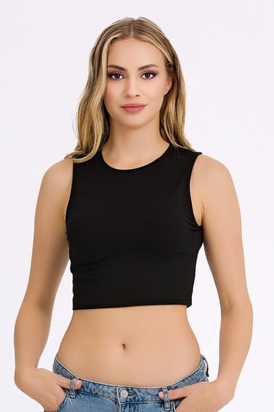 Crop Top Dames en Meisjes ilke® - Mouwloos - Ronde Hals - Zwart - XS